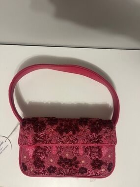 STAUD Pink Embellished Floral Beaded Shoulder Bag